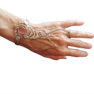 Bracelet with Attached Chain & Ring Decorative Silvertone--Pink Acrylic Teardrop